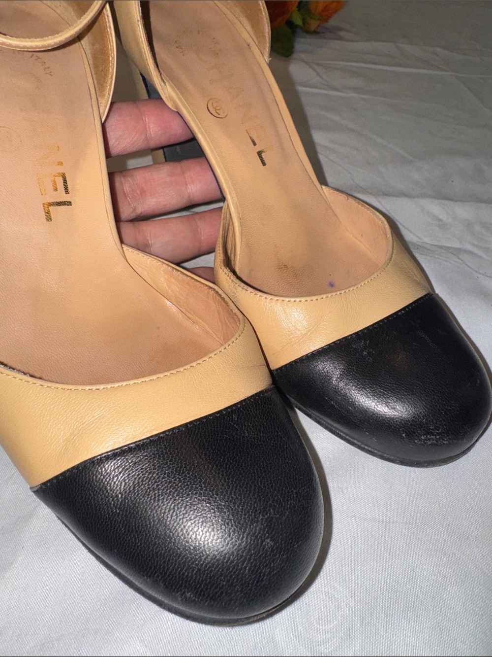 Authentic CHANEL Beige and Black Two-Tone Mary Jane Block Heel Pumps - Picture 10 of 14